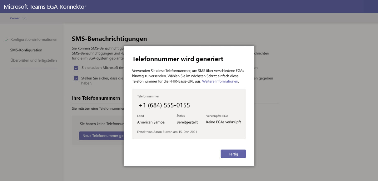 Screenshot mit einem Beispiel einer generierten Telefonnummer.