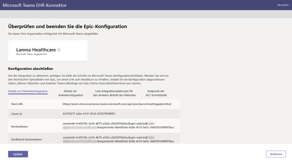 Screenshot der Seite „Überprüfen und Fertig stellen“, auf der die Integrationsinformationen angezeigt werden.