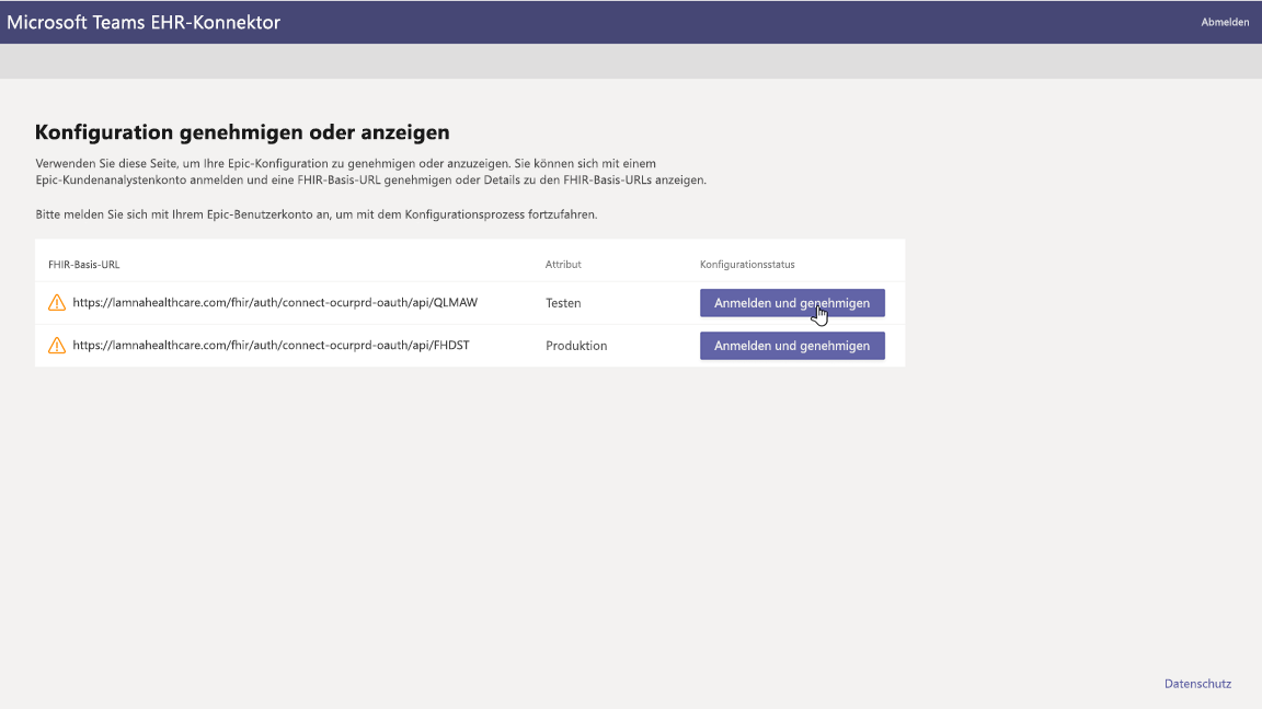 Screenshot der Seite „Genehmigen oder Anzeigen der Konfiguration“, auf der die Option „Anmelden und genehmigen“ angezeigt wird.