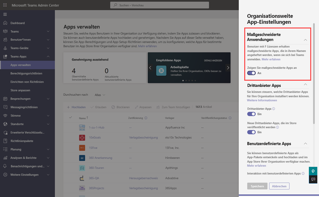 Screenshot der Einstellung „Maßgeschneiderte Apps anzeigen“ auf der Seite „Apps verwalten“ im Teams Admin Center