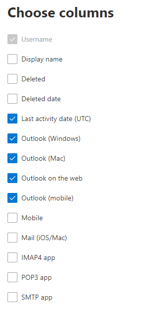 Nutzungsbericht für E-Mail-Apps: Wählen Sie Spalten aus.