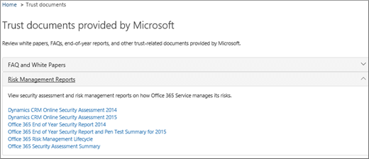 Zeigt die Seite Dienstsicherung: Von Microsoft bereitgestellte Vertrauensdokumente.