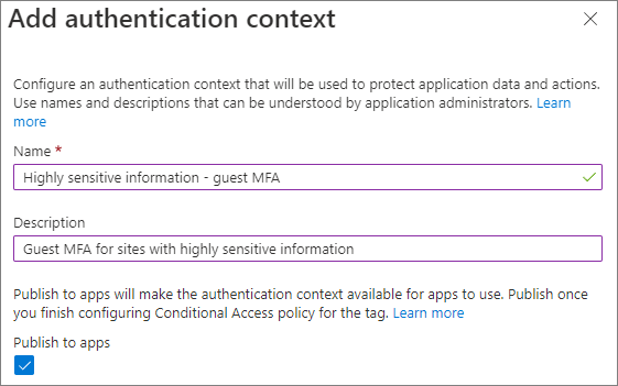 Screenshot der Benutzeroberfläche zum Hinzufügen des Authentifizierungskontexts.