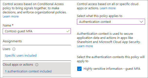 Screenshot: Authentifizierungskontextoptionen in Cloud-Apps oder Aktionseinstellungen für eine Richtlinie für bedingten Zugriff.
