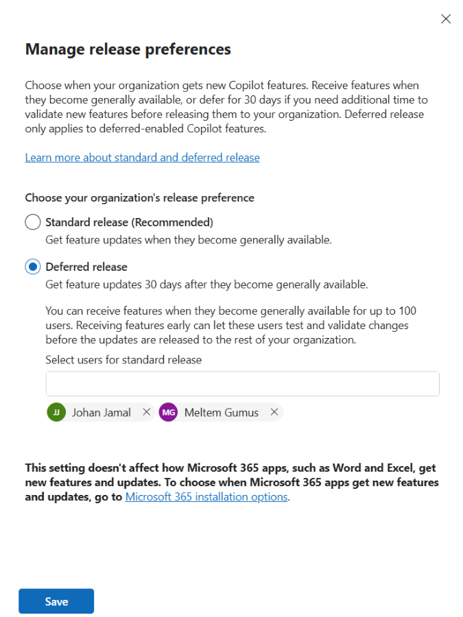 Screenshot der verzögerten Veröffentlichung in Microsoft 365 Admin Center.
