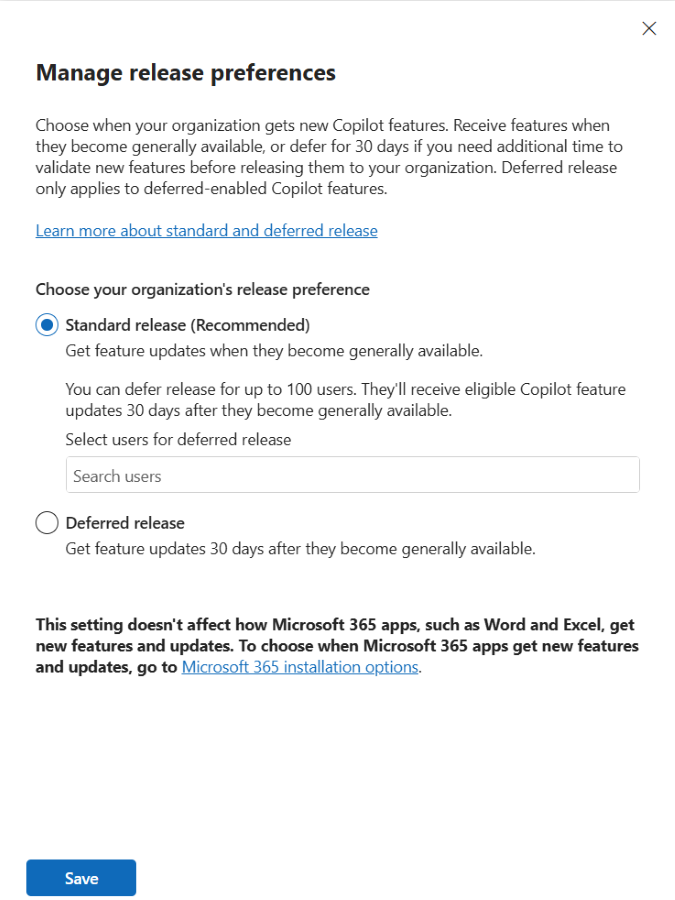 Screenshot: Standardrelease in Microsoft 365 Admin Center.