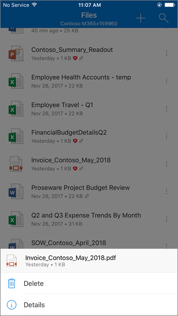 Die Option zum Löschen einer blockierten Datei aus OneDrive for Business aus der mobilen OneDrive-App
