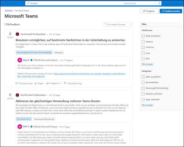Screenshot: Seite des Microsoft Teams-Feedbackportals