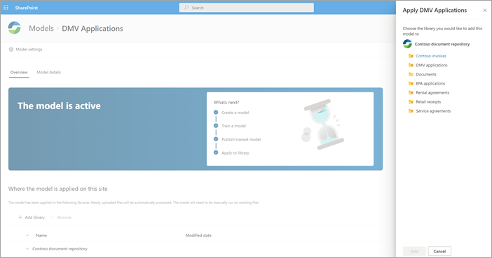 Screenshot der Modellstartseite zum Anwenden des Modells einer Bibliothek.