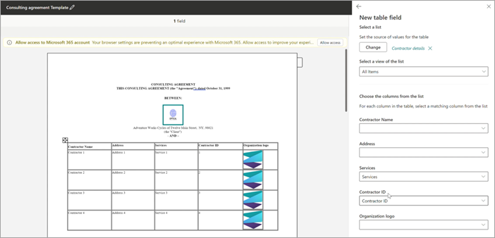 Screenshot des Vorlagen-Viewers, der zeigt, wie die Listenspalten den Tabellenspalten zugeordnet werden.