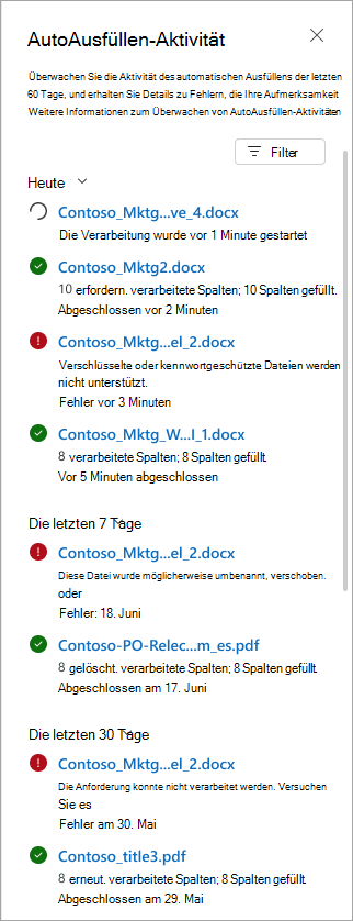 Screenshot des Aktivitätsbereichs in einer SharePoint-Bibliothek.