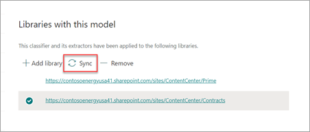 Screenshot zeigt den Abschnitt „Bibliotheken mit diesem Modell“ mit der hervorgehobenen Option „Synchronisieren“.