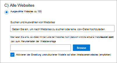 Screenshot der Websitebereichseinstellungen mit der Option zum Aktivieren der Erstellung unstrukturierter Modelle im Inhaltscenter.