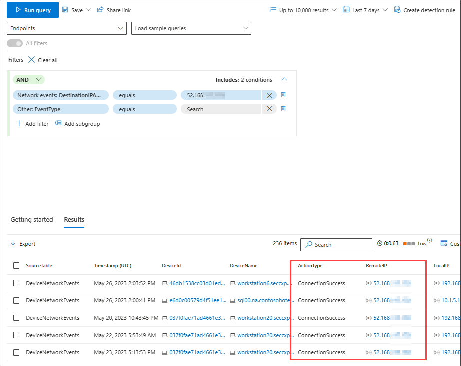Screenshot des Abfrage-Generators im geführten Modus nach erfolgreichen Verbindungen mit bestimmten IP-Ergebnissen