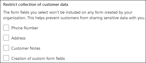 Screenshot: Aktivieren der Kontrollkästchen, um zu verhindern, dass Kunden vertrauliche Daten für Sie freigeben