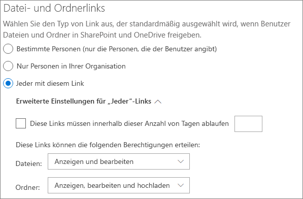 Screenshot der Freigabeeinstellungen auf Organisationsebene für Dateien und Ordner in SharePoint und OneDrive