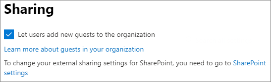 Screenshot der Gastfreigabeeinstellung für Sicherheit und Datenschutz im Microsoft 365 Admin Center