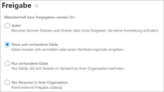 Screenshot der externen SharePoint-Freigabeeinstellungen auf Websiteebene.