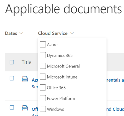 Filtern sie verfügbare Dokumente nach Clouddienst.