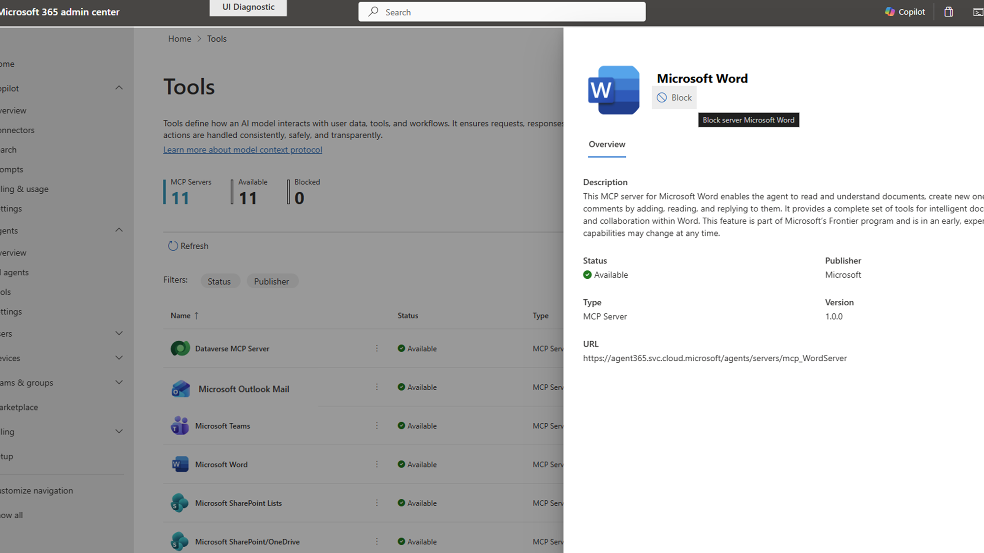 Screenshot des Microsoft 365 Admin Center mit einem Tool.