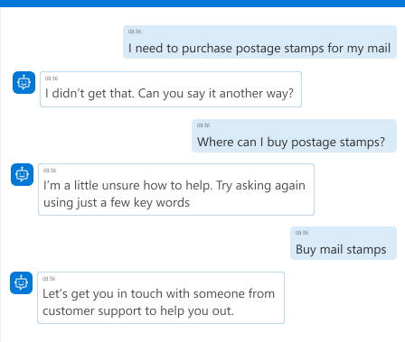 Screenshot eines Agenten, der die Absicht nicht versteht und den Benutzer an einen Live-Mitarbeiter übergibt.