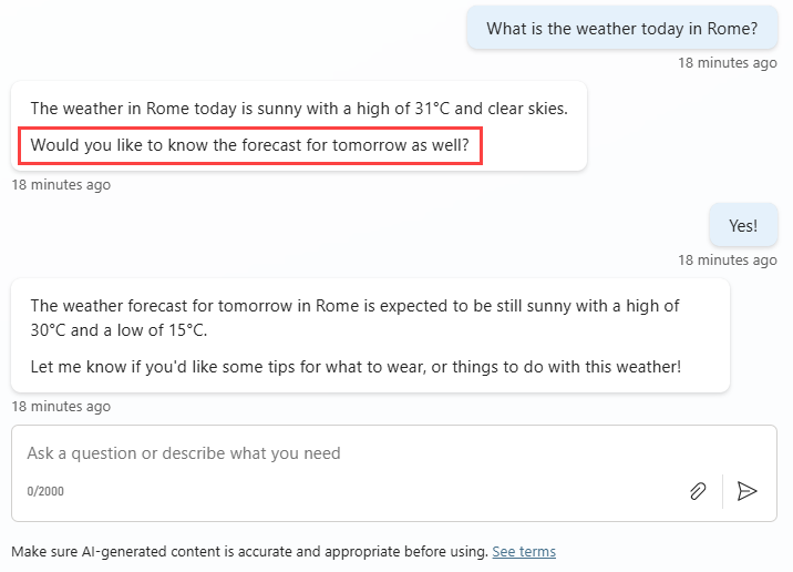 Screenshot eines Austauschs zwischen einem Agenten und einem Nutzer, bei dem der Agent eine Folgefrage stellt.