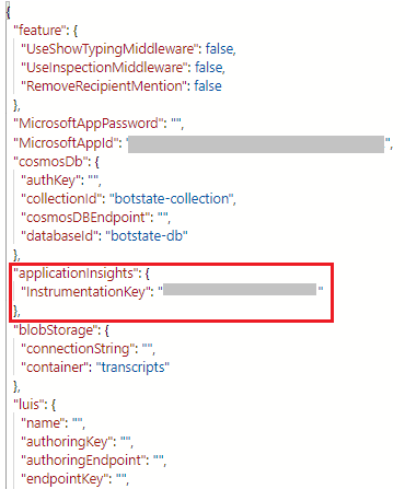 Screenshot des applicationInsight-Schlüssels im Projekt-JSON.