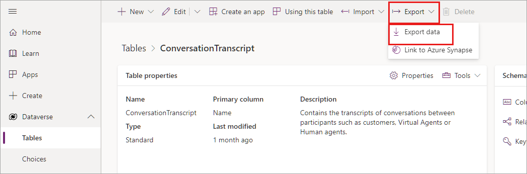 Screenshot der Option zum Exportieren von Daten aus der ConversationTranscript-Tabelle.