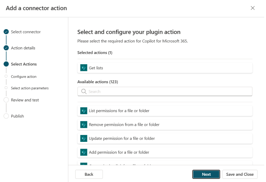 Connector-Aktionsauswahlbildschirm, erste Aktion ausgewählt