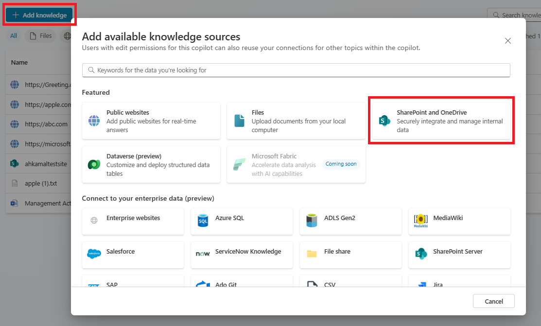 Screenshot des Hinzufügens einer SharePoint- und OneDrive-Wissensquelle.