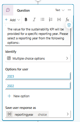 Screenshot der Konfiguration eines Frageknotens mit Multiple-Choice-Optionen.