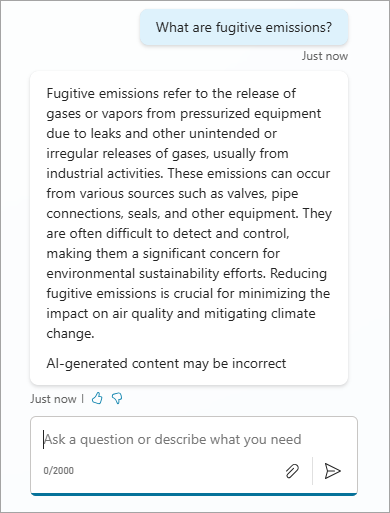 Zweites von zwei Screenshots, die einen Test zeigen, bei dem der Agent zu flüchtigen Emissionen in Sustainability Insights befragt wird.
