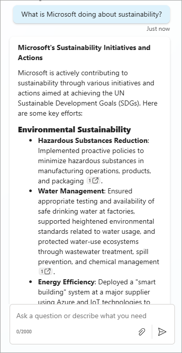 Screenshot mit einem Test, bei dem die Agentur gefragt wird, was Microsoft in Bezug auf Nachhaltigkeit in Sustainability Insights unternimmt.