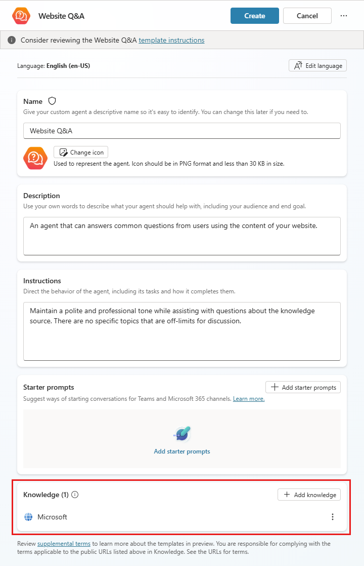 Screenshot der Erstellungsseite für den Website-Q&A-Agenten, wobei der Abschnitt „Wissen“ hervorgehoben ist.