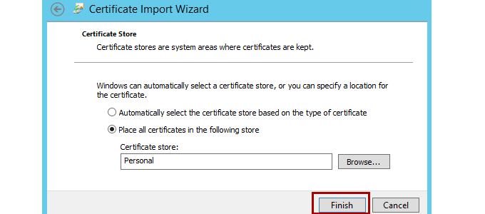 Screenshot des Fensters des Zertifikatimport-Assistenten, in dem die Option Alle Zertifikate im persönlichen Speicher platzieren ausgewählt wird.