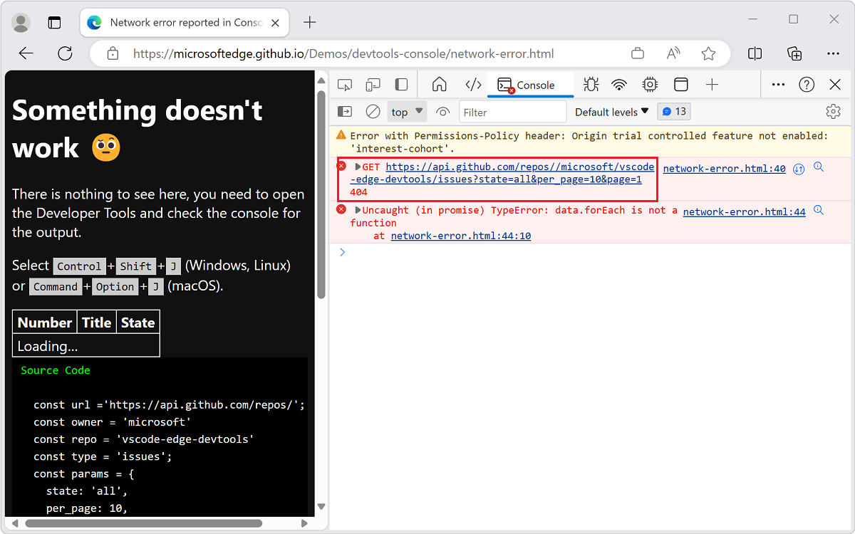 Die Konsole zeigt einen HTTP-status Code des Fehlers an, nachdem eine Ressource nicht geladen wurde.