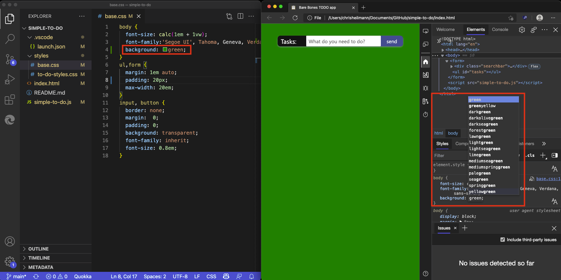 Änderungen am Code im Formatvorlagentool werden jetzt im Quellcode in Visual Studio Code widergespiegelt.