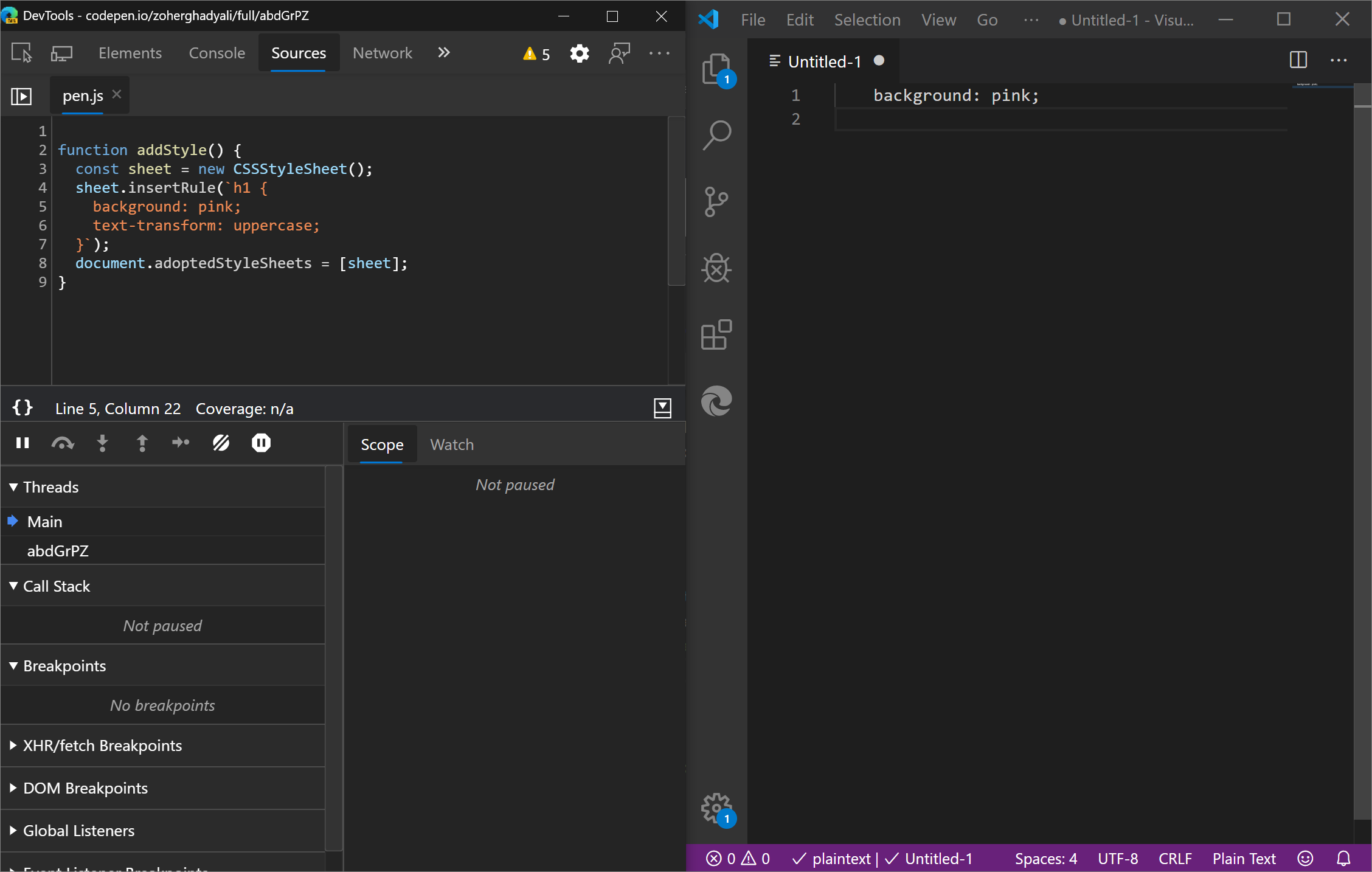 Mit dem Cursor am Ende von Zeile 5: Kopieren der gesamten Zeile aus pen.js in den DevTools und Einfügen in Visual Studio Code