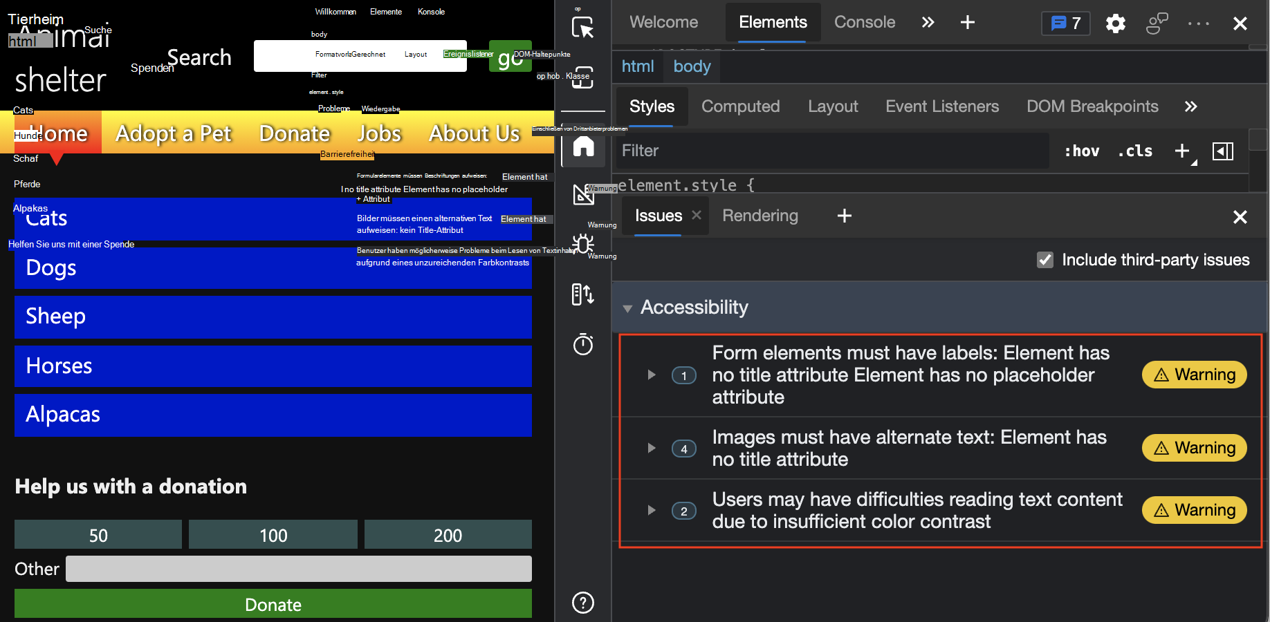 Warnungen zur Barrierefreiheit, die im Tool 