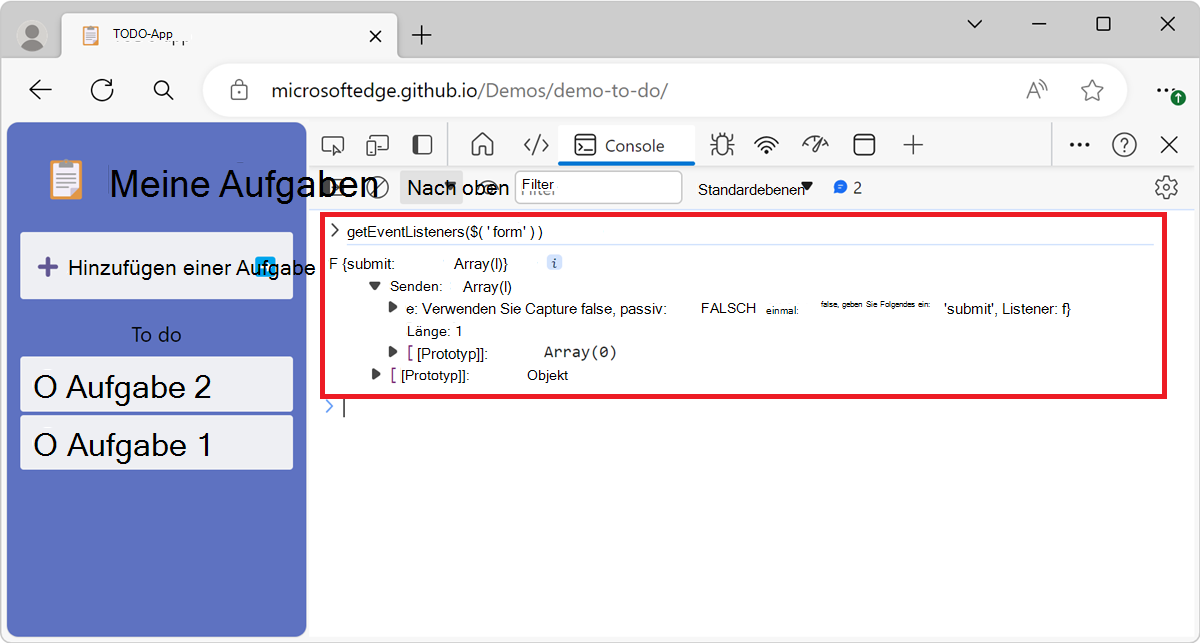 Ausgabe von using getEventListeners(form)