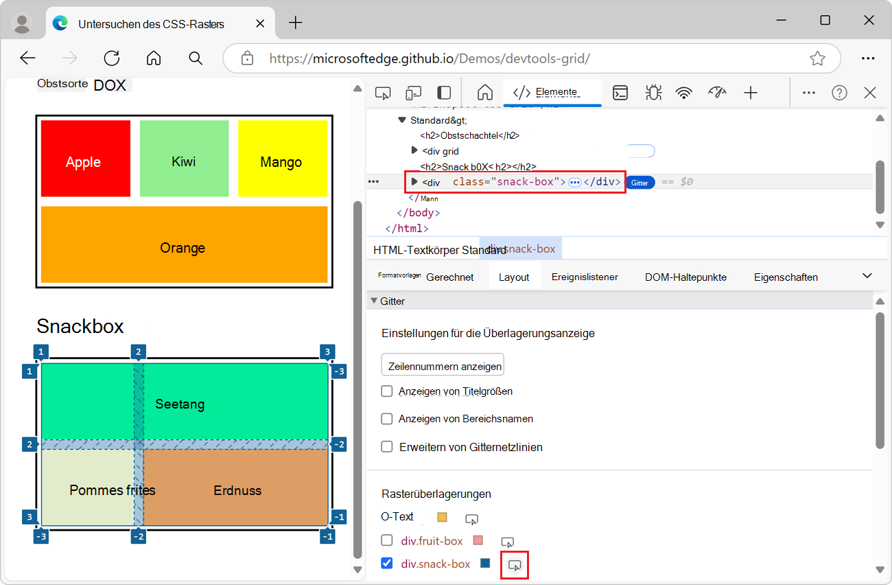 Hervorheben des Rasters auf der gerenderten Webseite