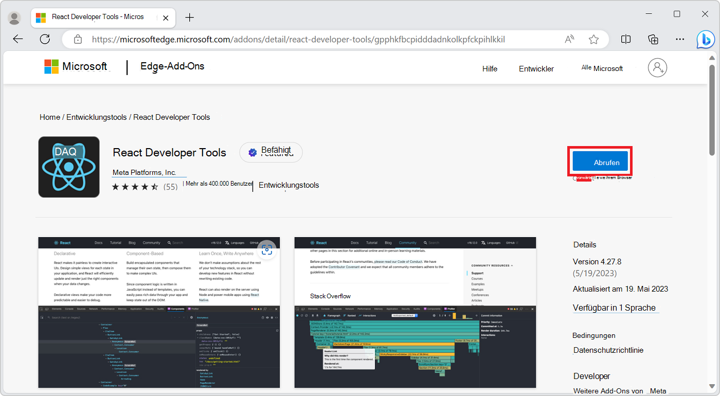 Die Seite React-Entwicklertools unter Microsoft Edge-Add-Ons