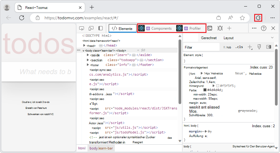 DevTools mit den beiden neuen Registerkarten für React-Erweiterungstools