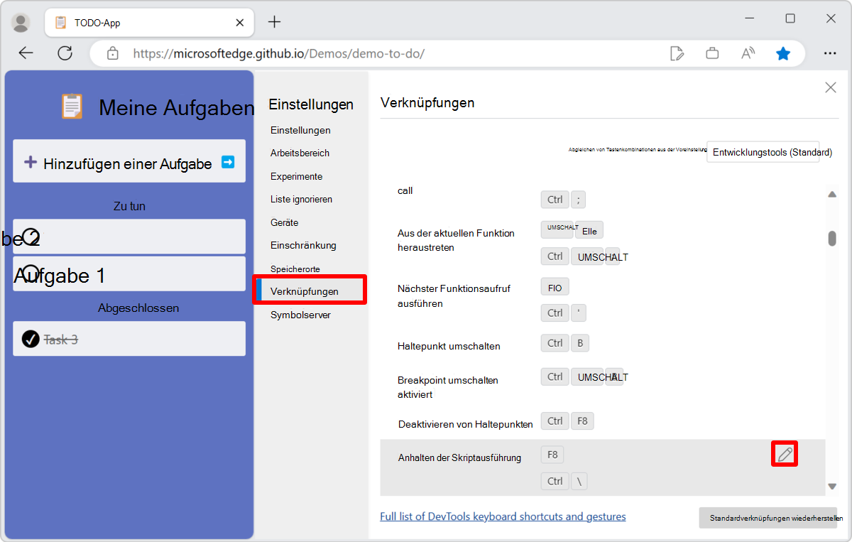 Wählen Sie die anzupassende Aktion auf der Seite Verknüpfungen in den Einstellungen aus.