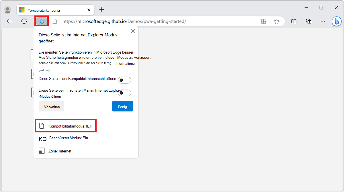 Anzeigen des Dokumentmodus mithilfe des IE-Modus-Indikatorsymbols