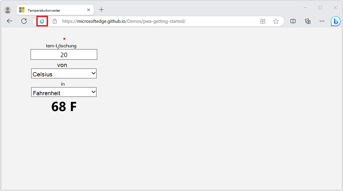 Symbol für den IE-Modus in der Adressleiste