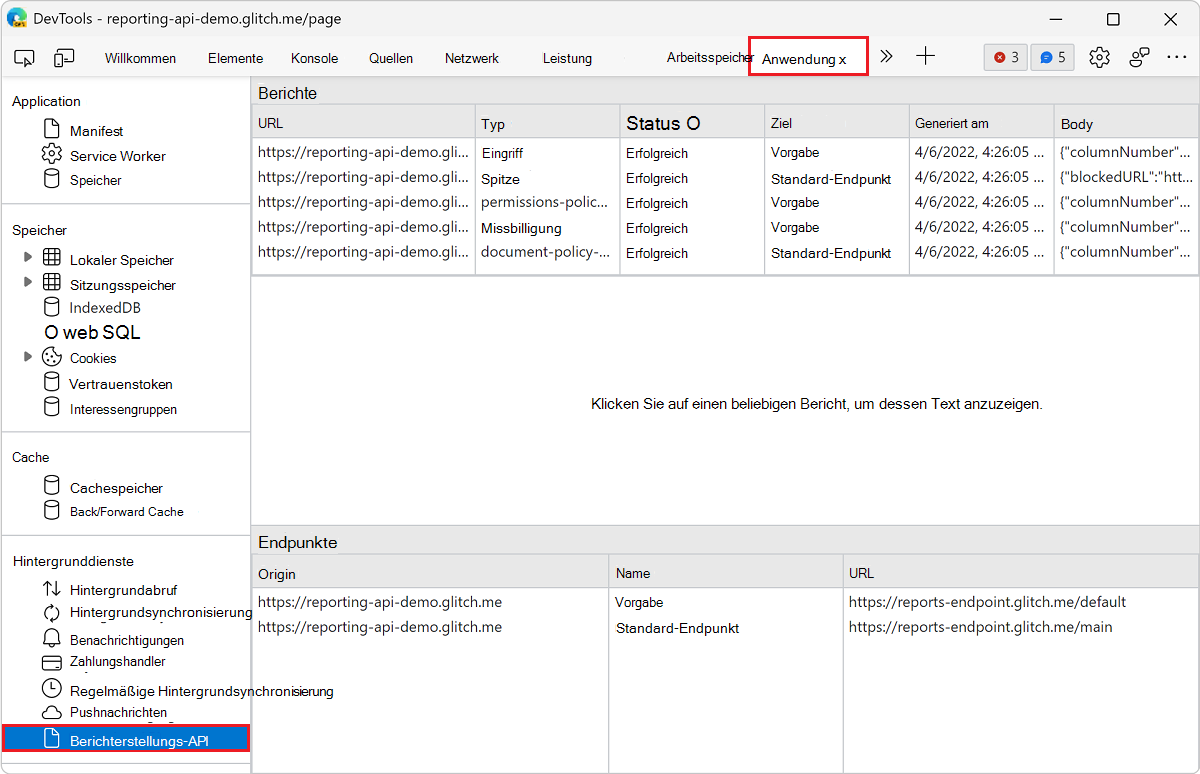 Öffnen des Berichts-API-Bereichs