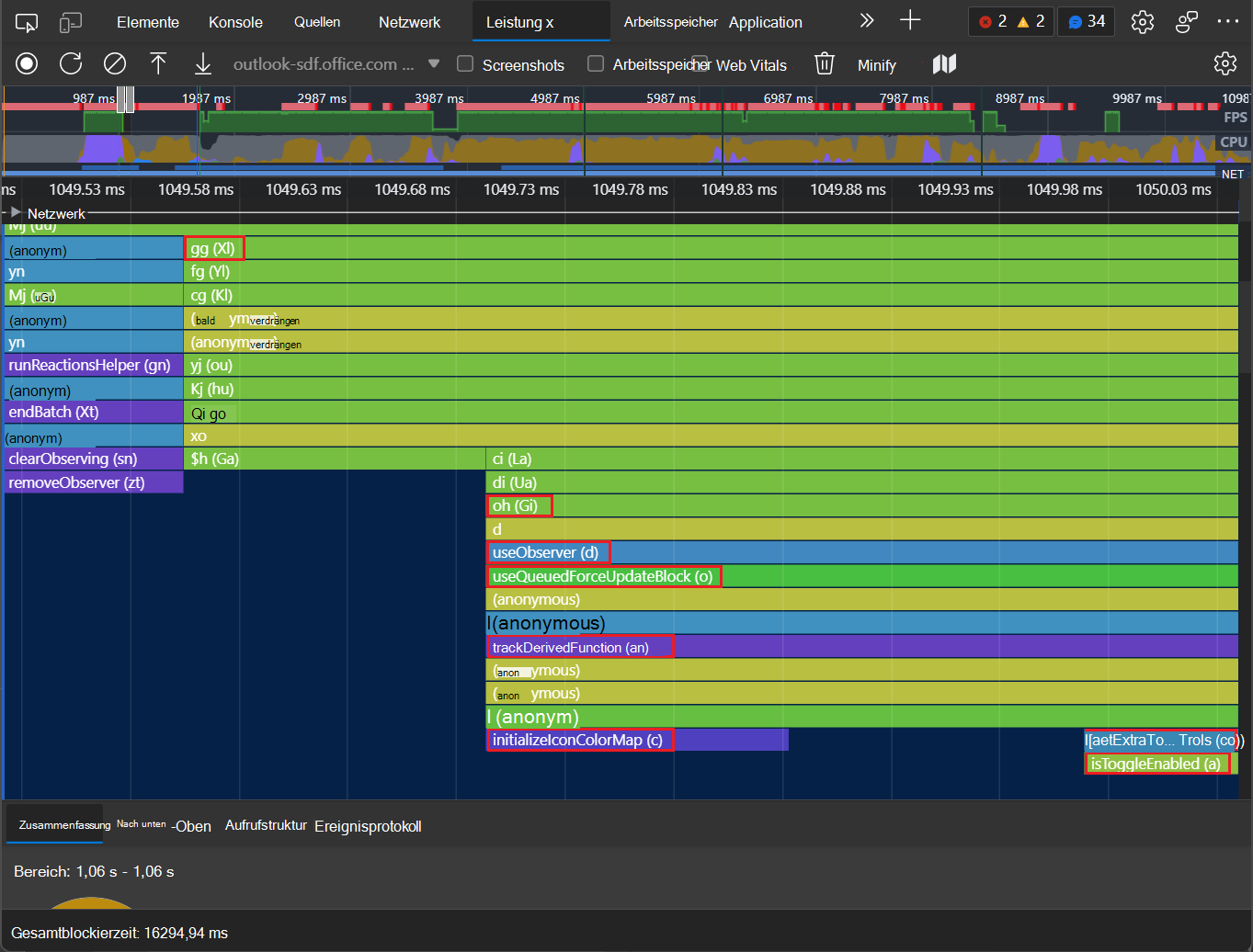 Das nicht minimierte Flammendiagramm im Leistungsprofil mit wiederhergestellten aussagekräftigen Funktionsnamen