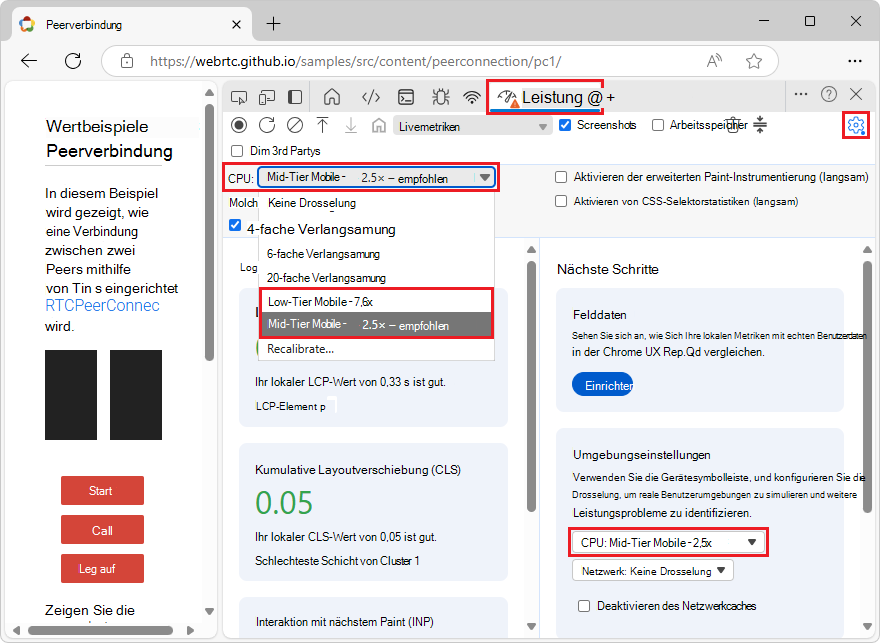 Kalibrierte Raten als Nächstes in Dropdownmenüs im Leistungsbereich