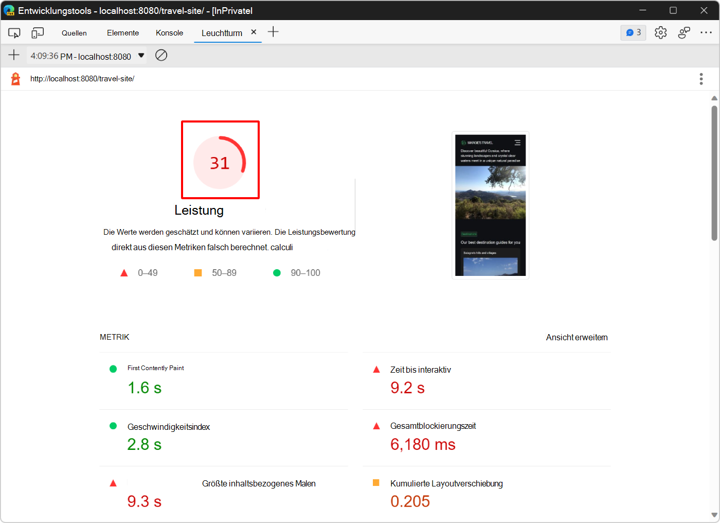 Der Lighthouse-Toolbericht mit einer besseren Bewertung nach den Änderungen